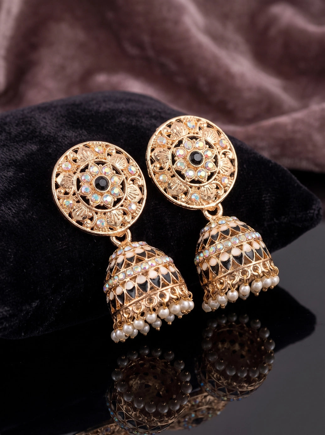 Traditional Jhumka Earrings Gold-Tone Floral Stud with Multicolor Stones and White Bead Drops (Black/Lavender/Peach) - Black