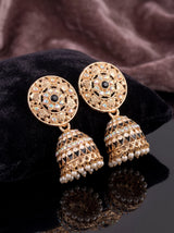 Traditional Jhumka Earrings Gold-Tone Floral Stud with Multicolor Stones and White Bead Drops (Black/Lavender/Peach) - Black