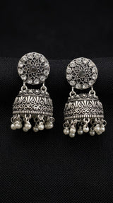 Oxidized Silver-Tone Jhumka Earrings with Studded Stones and Pearl Drops - Black