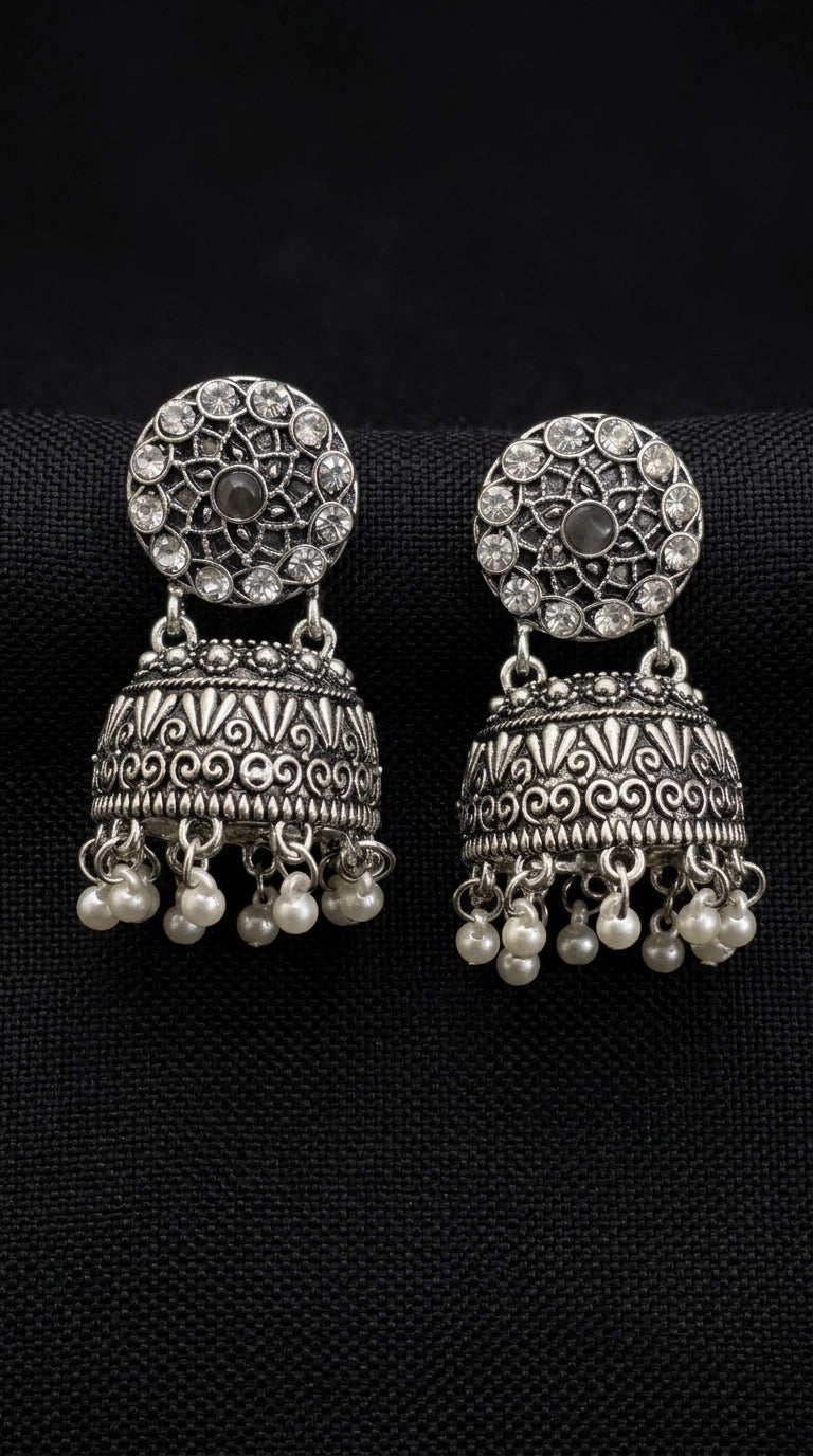 Oxidized Silver-Tone Jhumka Earrings with Studded Stones and Pearl Drops - Black