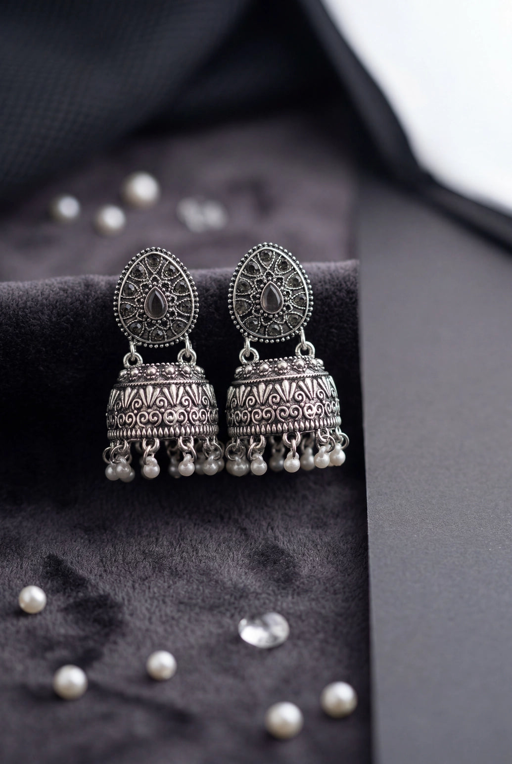 Oxidized Silver Tone Jhumka Earrings with Oval Stud Top & Filigree Teardrop Motif for Women - Black