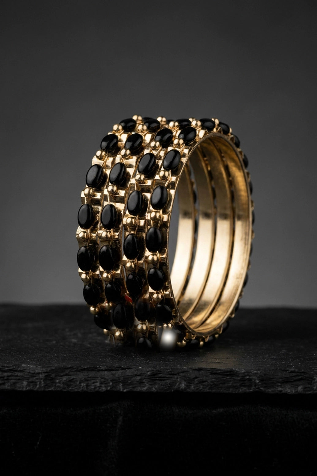 Traditional Gold-Plated Beaded Bangles Set with Stone Work for Festive Wear (Orange/Peach/Black) - Black