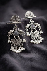 Oxidized Silver Oxidation Half-Moon Stud Dangler Earrings with Pearl Beads & Ethnic Carving for Festive Wear - Black