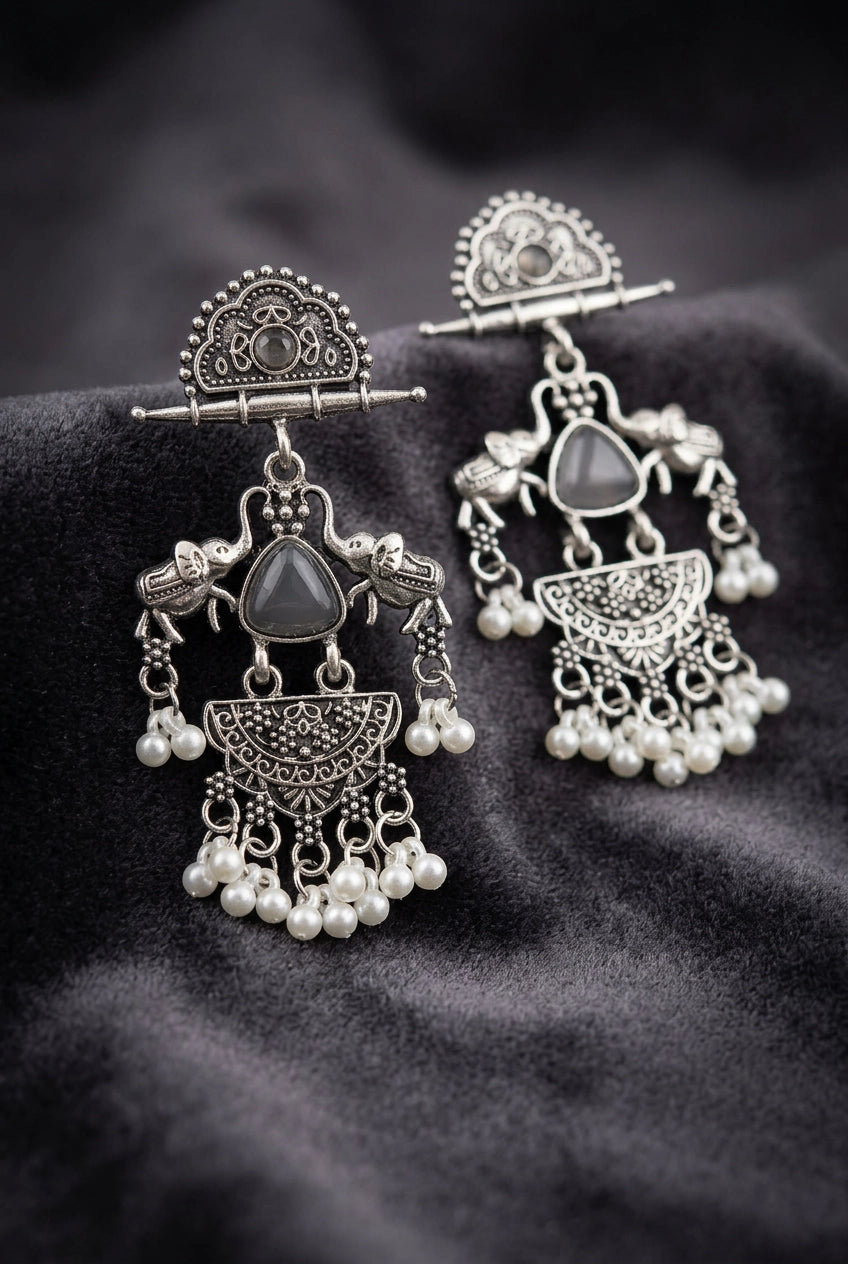 Oxidized Silver Oxidation Half-Moon Stud Dangler Earrings with Pearl Beads & Ethnic Carving for Festive Wear - Black