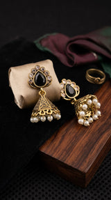 Jeweled Dome Jhumka Earrings with Pearl Bead Danglers, Intricate Cutwork (Black/Green/Maroon) - Black