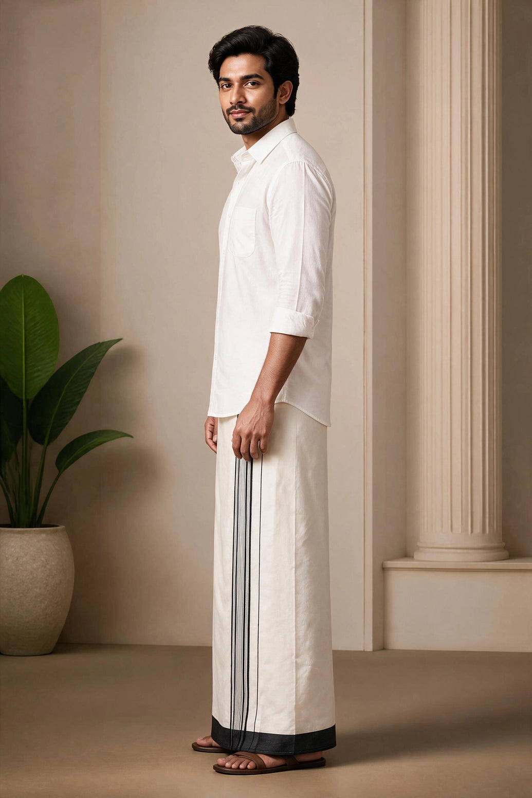 Men’s Traditional Off-White Cotton Dhoti with 1.5 Inch Thread Border for Wedding, Temple & Festival Wear - Black & White (Stripe)