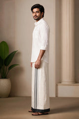 Men’s Traditional Off-White Cotton Dhoti with 1.5 Inch Thread Border for Wedding, Temple & Festival Wear - Black & White (Stripe)