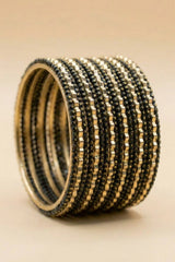 Stone-Studded Metallic Bangle Set with Sparkling Rows for Festive Wear - Neon Orange, Black, Rani Pink - Black