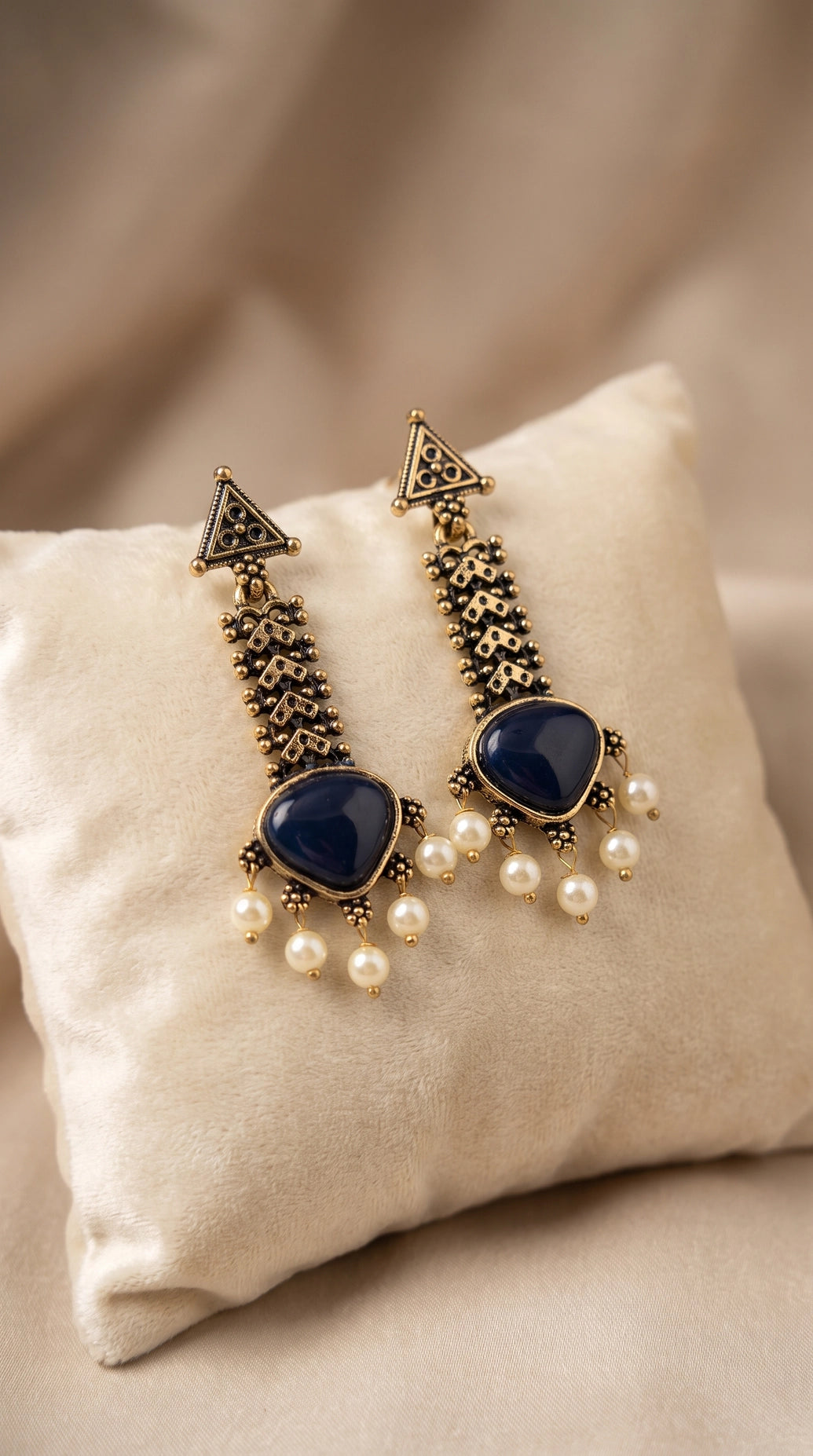 Gold-tone Traditional Drop Earrings with Teardrop Stone & Pearl Bead Tassels (Sea Blue/Mint/Black) - Black