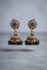Traditional Jhumka Earrings with White Stone Work and Beaded Gold-Tone Drops for Festive Wear - Black