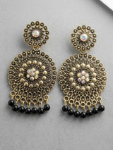 Antique Gold-Tone Ethnic Round Drop Earrings with Floral Stud & Bead Danglers (Multicolor Stone) - Black