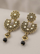 Traditional Floral Drop Earrings with Colorful Stone Stud and Bead Dangles - Black