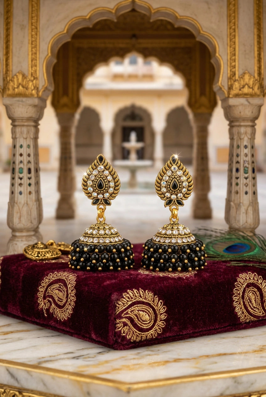 Traditional Jhumka Earrings with Dome Design, White Stone Work and Beaded Dangler, Pink & Black Options - Black