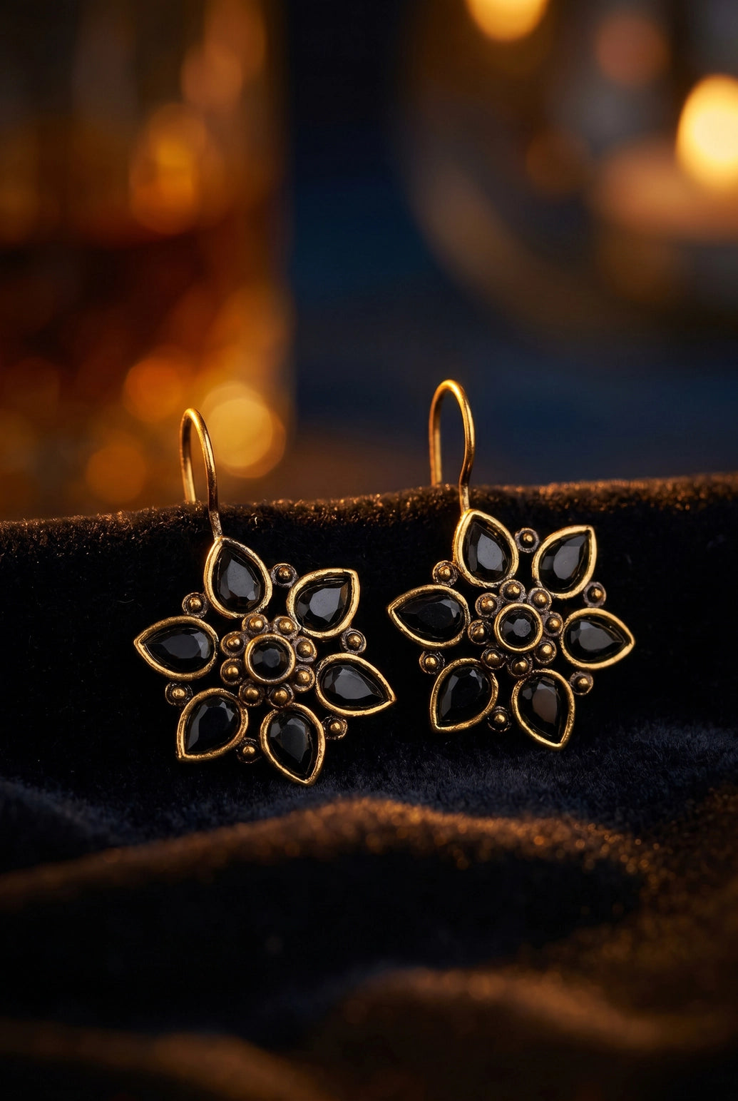 Antique Gold-Tone Floral Teardrop Stone Cluster Hook Earrings for Women - Black