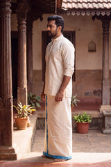 Men Off-White Cotton Dhoti with Woven Check Border and Zari Lines (2 Metre Single Veshti) - Blue
