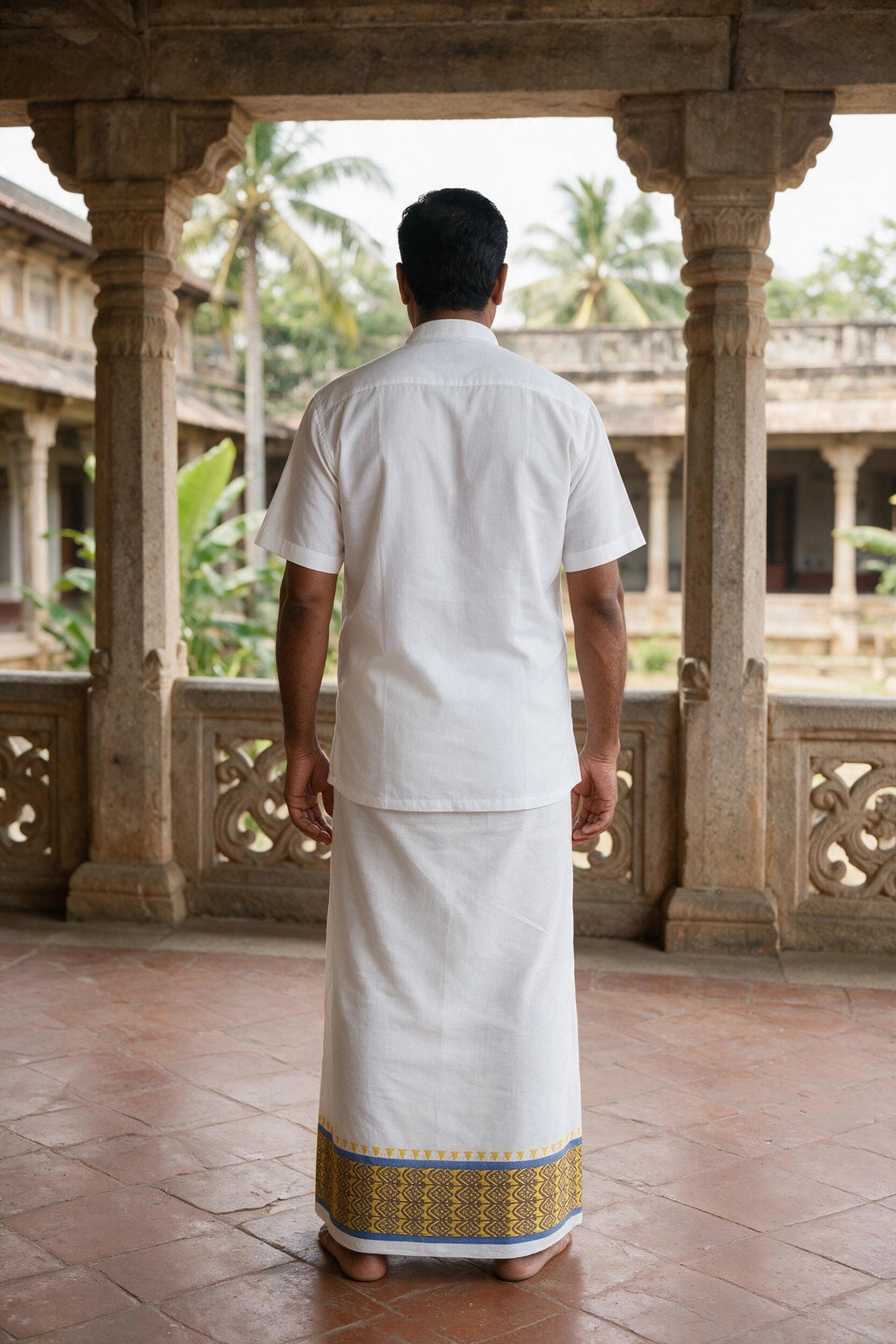 Men White Cotton Dhoti with 2-inch Gold Thread Work Border, 2 Metre Single Veshti - Blue