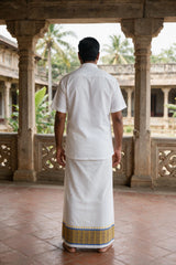 Men White Cotton Dhoti with 2-inch Gold Thread Work Border, 2 Metre Single Veshti - Blue