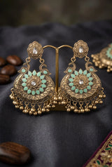 Antique Finish Peacock Chandbali Earrings with Blue-Turquoise Stone & Ghungroo Tassels for Festive Wear - Blue Ice
