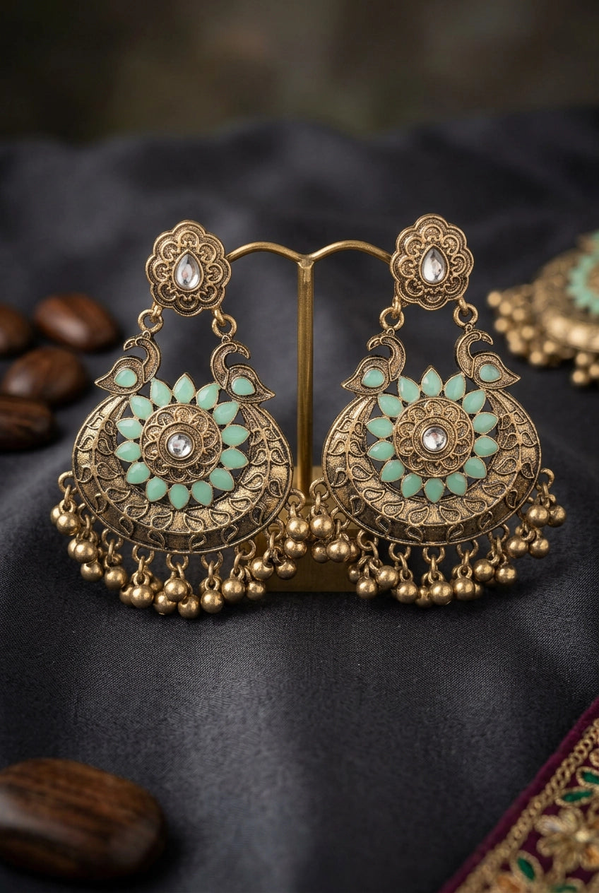 Antique Finish Peacock Chandbali Earrings with Blue-Turquoise Stone & Ghungroo Tassels for Festive Wear - Blue Ice