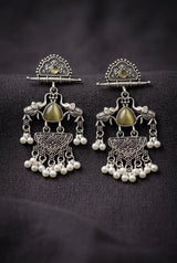 Oxidized Silver Oxidation Half-Moon Stud Dangler Earrings with Pearl Beads & Ethnic Carving for Festive Wear - Brown