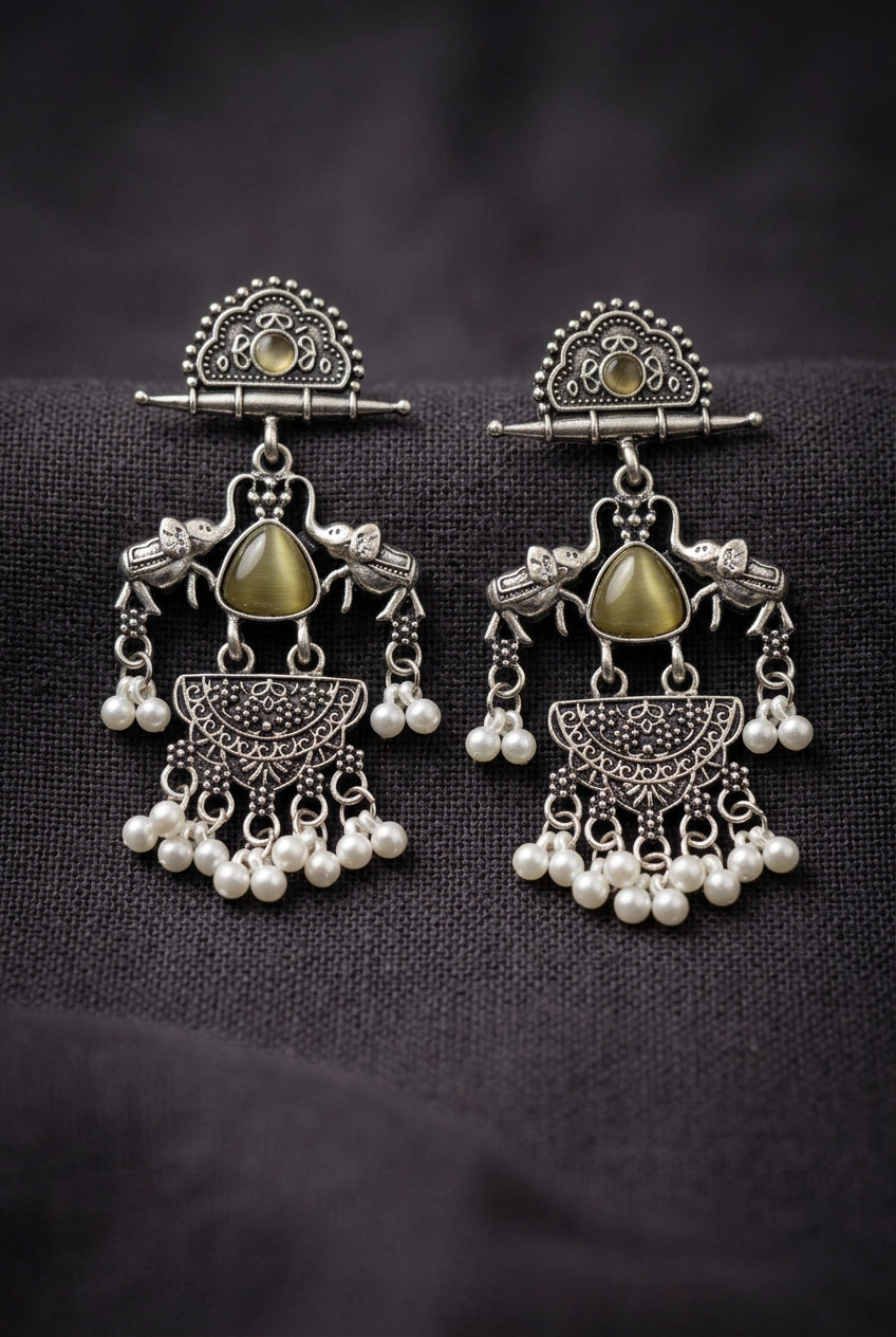 Oxidized Silver Oxidation Half-Moon Stud Dangler Earrings with Pearl Beads & Ethnic Carving for Festive Wear - Brown