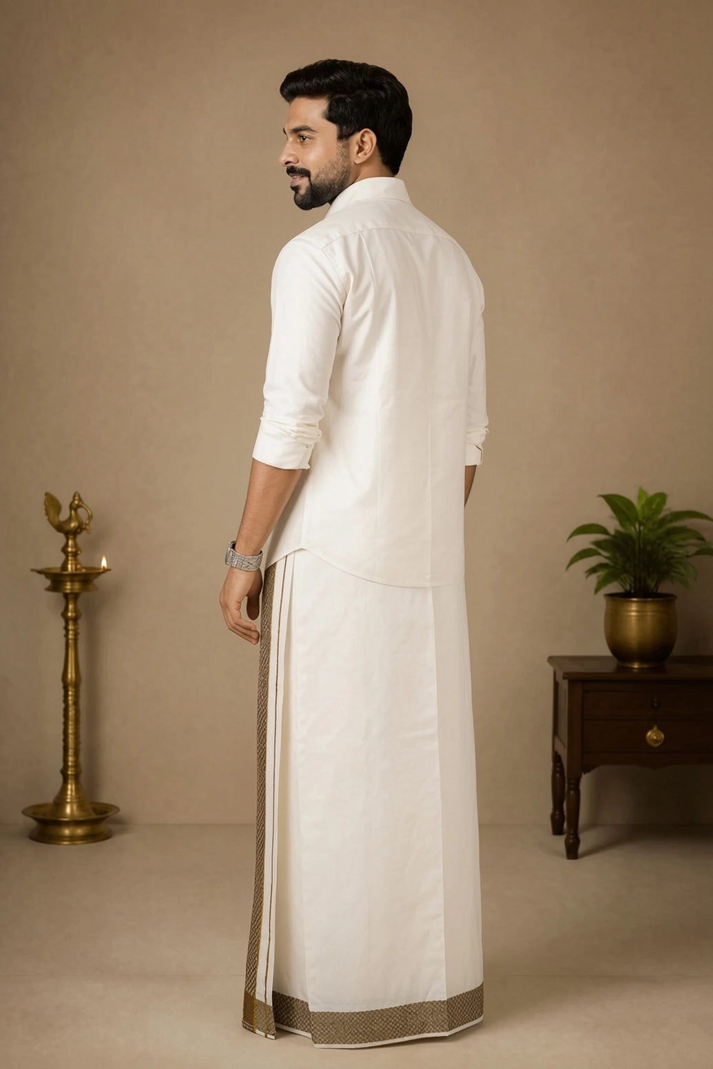 Men Off-White Cotton Dhoti with Woven Check Border and Gold-Tone Zari Lines (2m Single Veshti) - Brown