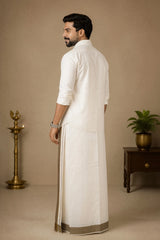Men Off-White Cotton Dhoti with Woven Check Border and Gold-Tone Zari Lines (2m Single Veshti) - Brown