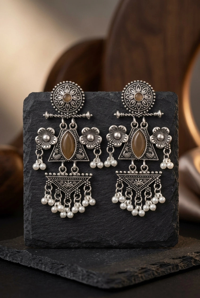 Oxidized Silver Floral & Stone Statement Earrings with Pearl Drops for Festive Ethnic Wear - Brown