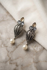 Antique Oxidized Silver Teardrop Jhumka Earrings with Pearls & Crystal Stones (1 Pair) - Brown
