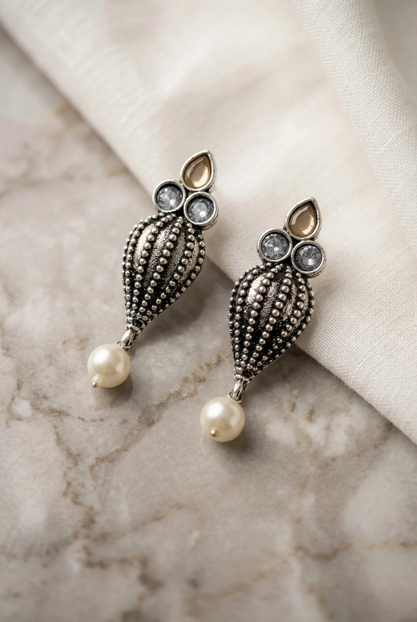 Antique Oxidized Silver Teardrop Jhumka Earrings with Pearls & Crystal Stones (1 Pair) - Brown