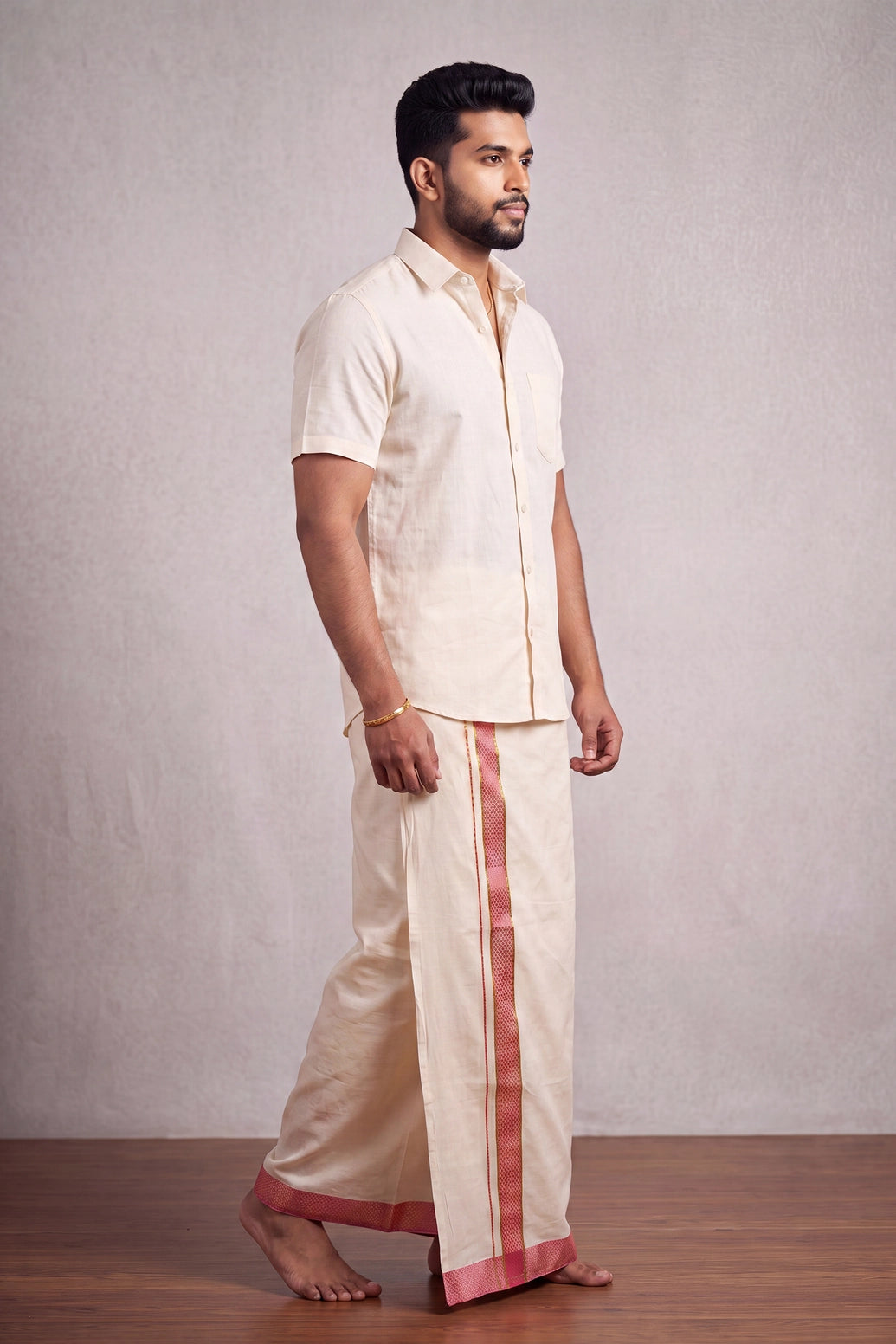 Men Off-White Cotton Dhoti with Woven Check Border and Zari Lines (2 Metre Single Veshti) - Coral