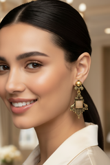 Antique Gold-Tone Dangling Ethnic Earrings with Cream Square Stone, Ornate Vintage Frame — 2.4 inch Drop
