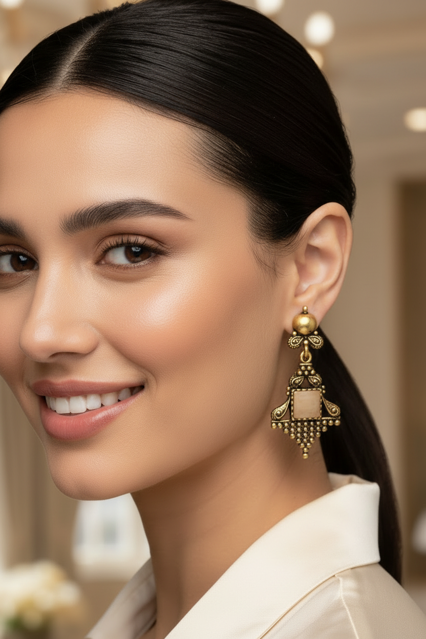Antique Gold-Tone Dangling Ethnic Earrings with Cream Square Stone, Ornate Vintage Frame — 2.4 inch Drop