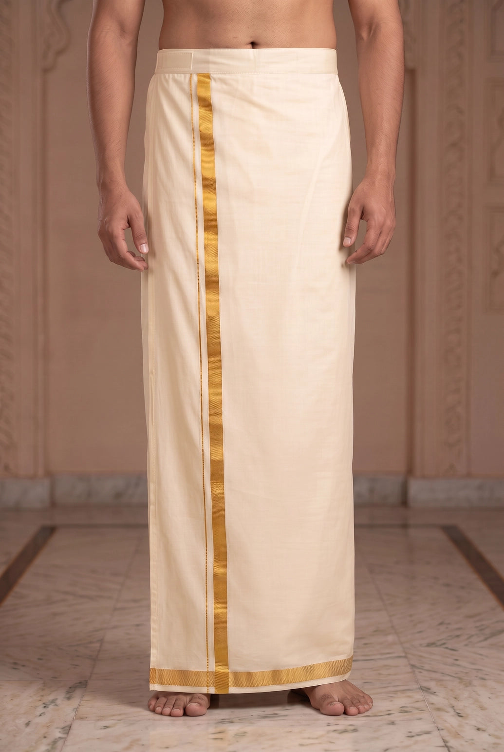 Men’s Ready-to-Wear Double Dhoti (4 Metre) with Velcro Waist, Plain White/Cream - Cream