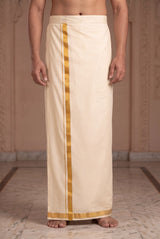 Men’s Ready-to-Wear Double Dhoti (4 Metre) with Velcro Waist, Plain White/Cream - Cream