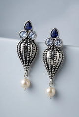 Antique Oxidized Silver Teardrop Jhumka Earrings with Pearls & Crystal Stones (1 Pair) - Dark Grey