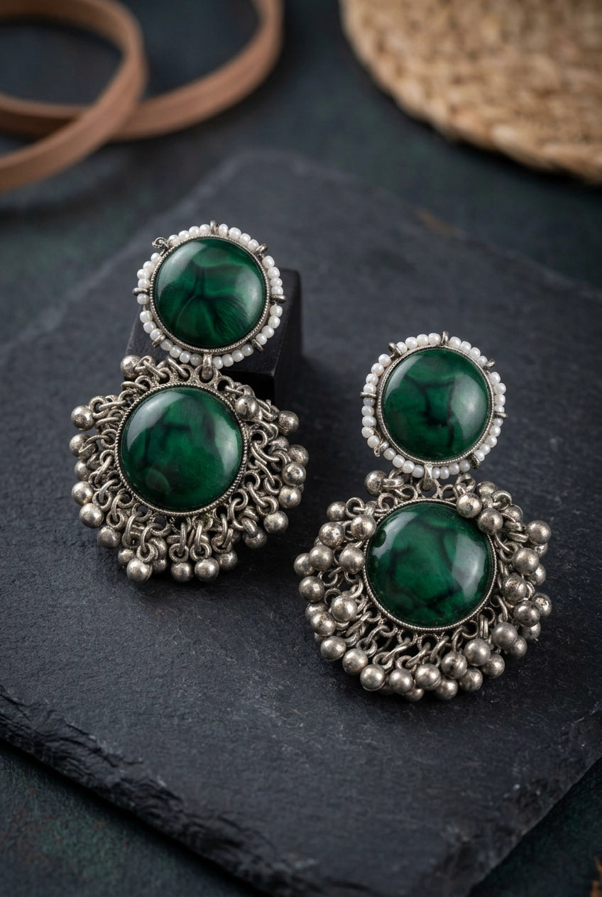 Antique Silver-Tone Drop Earrings with Round Stone Cabochons & Beaded Dangles - Deep Green
