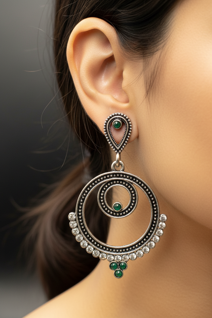 Oxidized Silver Spiral Drop Earrings with Coloured Stone Beads — 2 inch Traditional Indian Fashion Jewellery