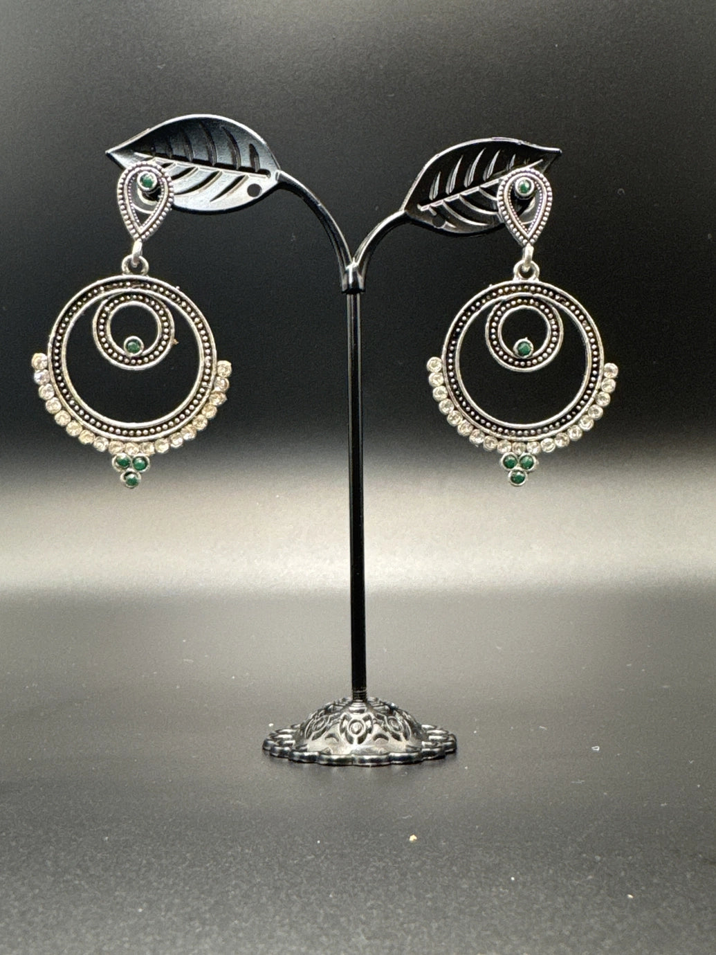 Oxidized Silver Spiral Drop Earrings with Coloured Stone Beads — 2 inch Traditional Indian Fashion Jewellery - Green