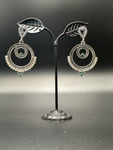 Oxidized Silver Spiral Drop Earrings with Coloured Stone Beads — 2 inch Traditional Indian Fashion Jewellery Jewelry JCS Fashions Green 2 inch