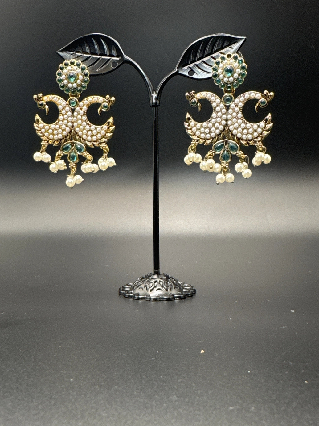 Antique Peacock Pearl Earrings – Gold-Tone Pearl-Studded Ethnic Earrings (2 inch) - Green