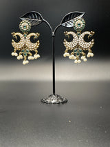 Antique Peacock Pearl Earrings – Gold-Tone Pearl-Studded Ethnic Earrings (2 inch) Jewelry JCS Fashions Green 2 inch