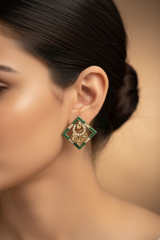 Green Geometric Kundan Stud Earrings with Bead