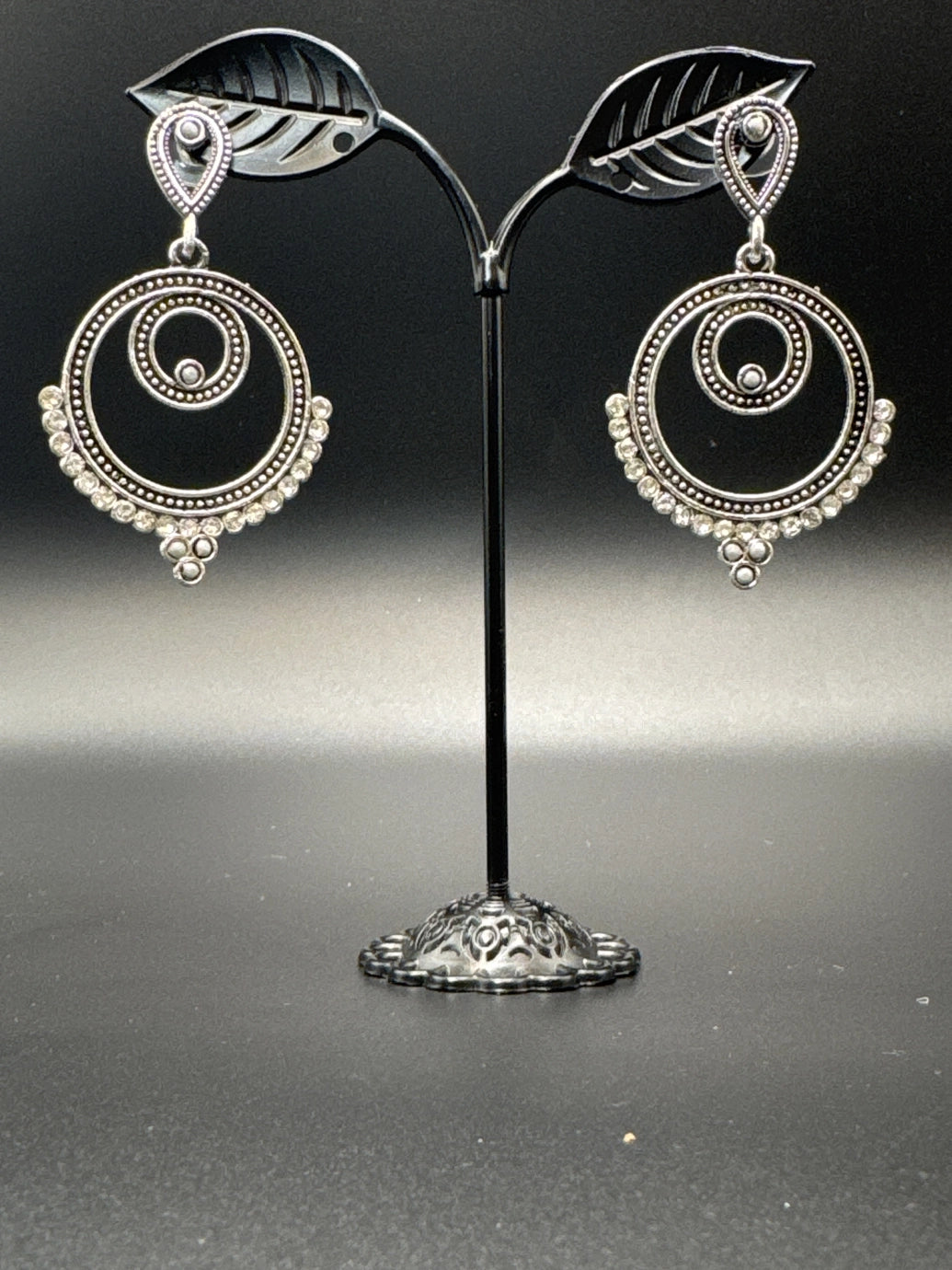 Oxidized Silver Spiral Drop Earrings with Coloured Stone Beads — 2 inch Traditional Indian Fashion Jewellery - Grey