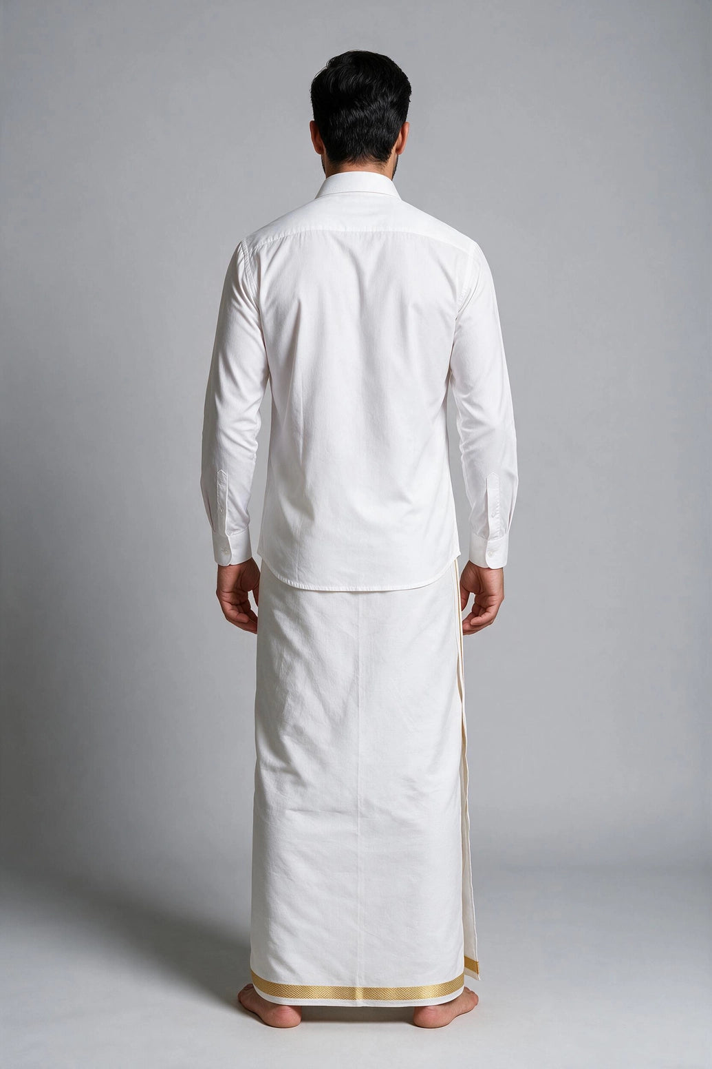 Men White Cotton Dhoti with Gold Zari Border (2 Metre Single Veshti) for Wedding and Festive Wear - Gold