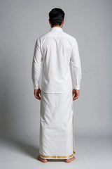 Men White Cotton Dhoti with Gold Zari Border (2 Metre Single Veshti) for Wedding and Festive Wear - Gold