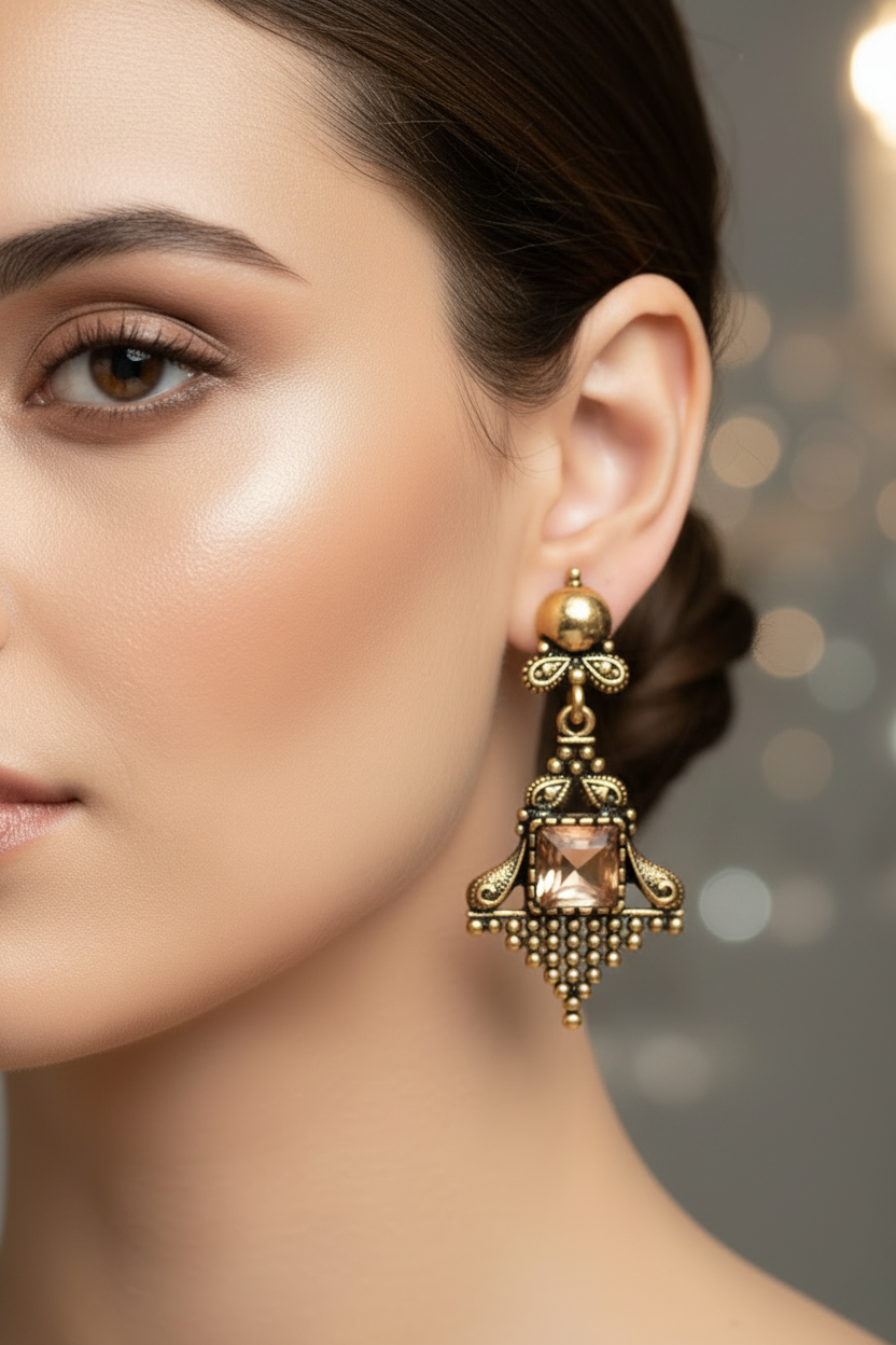 Antique Gold-Tone Dangling Earrings with Square Amber Stone - 2.4 inch Ethnic Jhumka Style