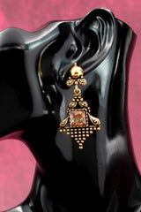 Antique Gold-Tone Dangling Earrings with Square Amber Stone - 2.4 inch Ethnic Jhumka Style Jewelry JCS Fashions