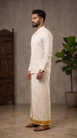 Men Off-White Cotton Dhoti with Gold Zari Border, Traditional 2 Metre Single Veshti - Gold Zari