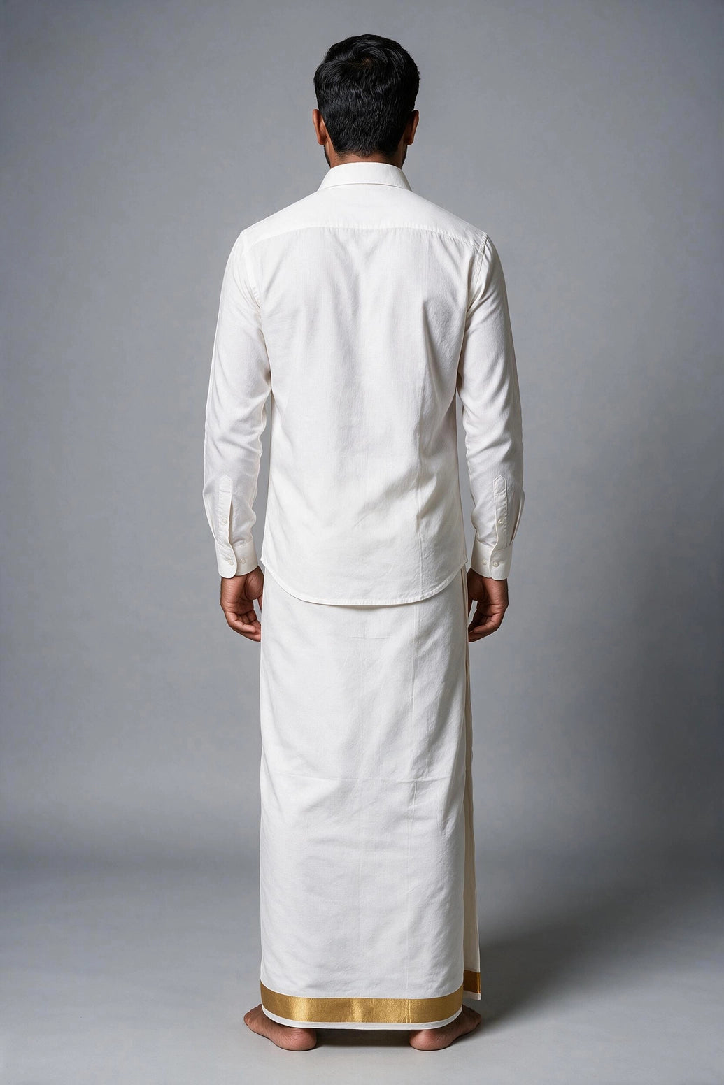 Men's White Cotton Double Dhoti with Gold Zari Border (4 Mtr) - Traditional Wedding & Temple Wear - Gold